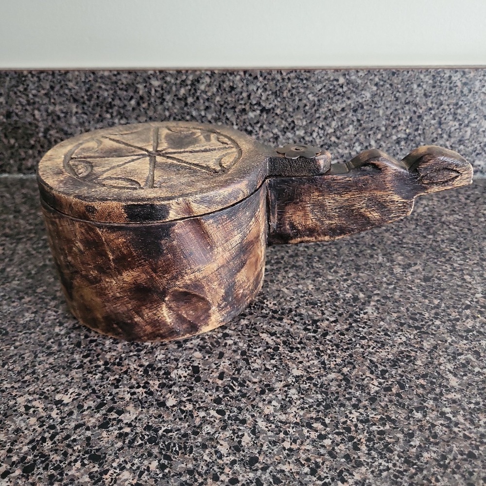 Vintage Hand Carved Wooden Spice Box Swivel Lid Rustic Folk Art Cottagecore